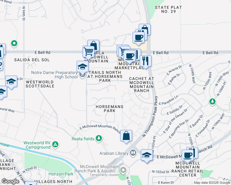 map of restaurants, bars, coffee shops, grocery stores, and more near 16460 North 99th Way in Scottsdale