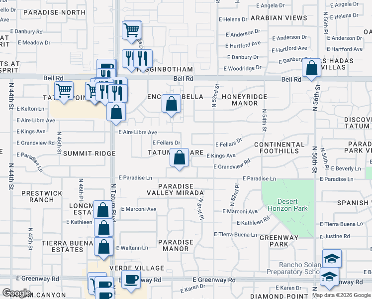 map of restaurants, bars, coffee shops, grocery stores, and more near 4976 East Fellars Drive in Scottsdale