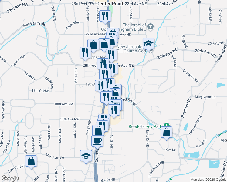map of restaurants, bars, coffee shops, grocery stores, and more near 1810 1st Street NE in Center Point