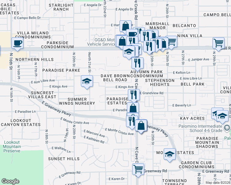 map of restaurants, bars, coffee shops, grocery stores, and more near 2229 East Kings Avenue in Phoenix