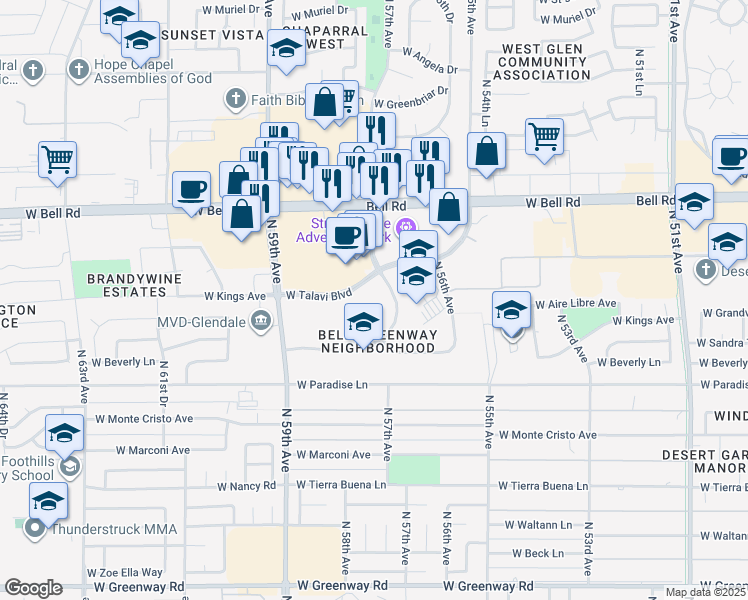 map of restaurants, bars, coffee shops, grocery stores, and more near 5701 West Talavi Boulevard in Glendale