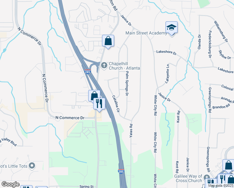 map of restaurants, bars, coffee shops, grocery stores, and more near 4427 Sun Valley Boulevard in Atlanta
