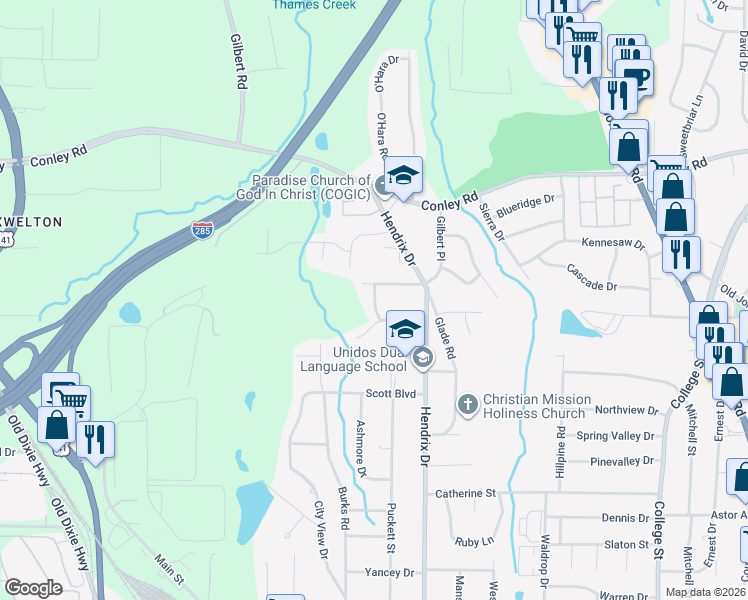 map of restaurants, bars, coffee shops, grocery stores, and more near 4366 Springwood Terrace in Forest Park