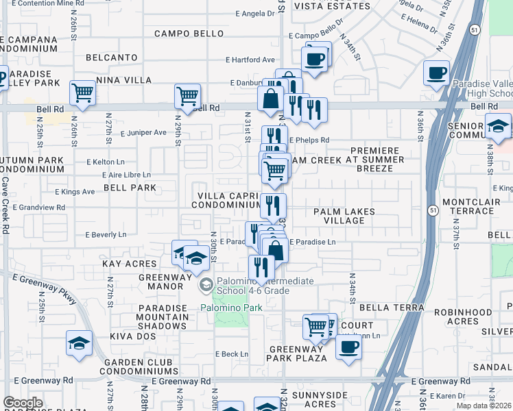 map of restaurants, bars, coffee shops, grocery stores, and more near 16404 North 31st Street in Phoenix