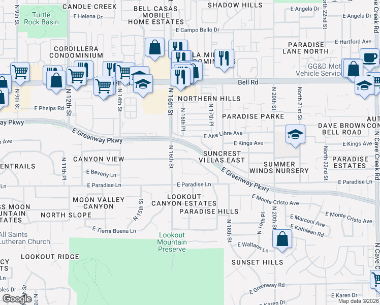 map of restaurants, bars, coffee shops, grocery stores, and more near 1620 East Grandview Road in Phoenix