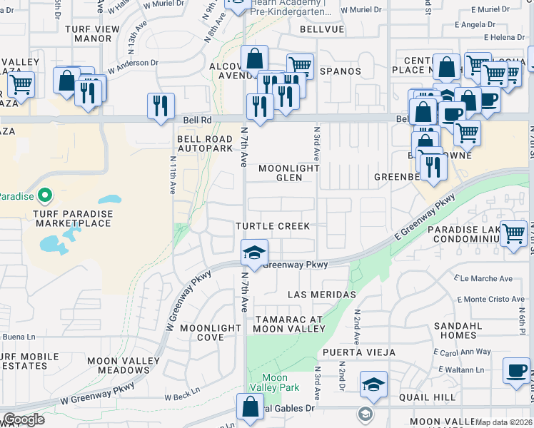 map of restaurants, bars, coffee shops, grocery stores, and more near 517 West Fellars Drive in Phoenix