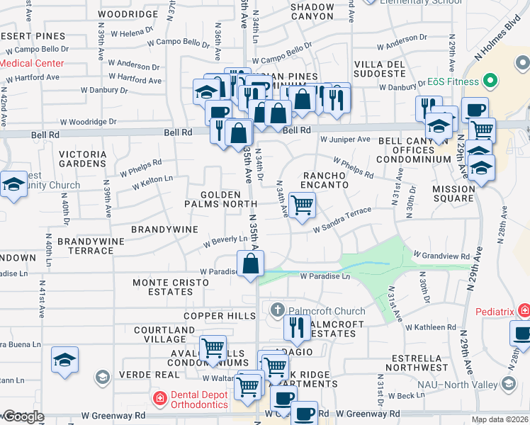 map of restaurants, bars, coffee shops, grocery stores, and more near 3402 West Aire Libre Avenue in Phoenix
