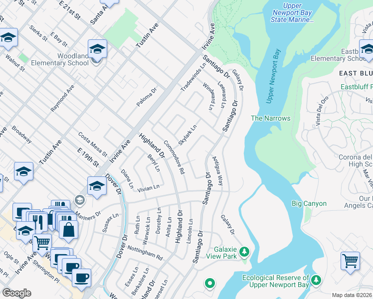 map of restaurants, bars, coffee shops, grocery stores, and more near 1727 Candlestick Lane in Newport Beach