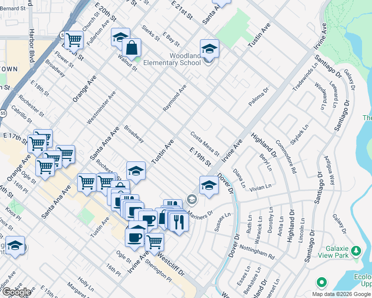 map of restaurants, bars, coffee shops, grocery stores, and more near 412 East 19th Street in Costa Mesa