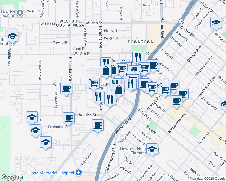 map of restaurants, bars, coffee shops, grocery stores, and more near 649 West 17th Street in Costa Mesa