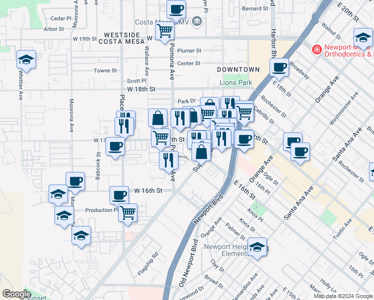 map of restaurants, bars, coffee shops, grocery stores, and more near 685 West 17th Street in Costa Mesa