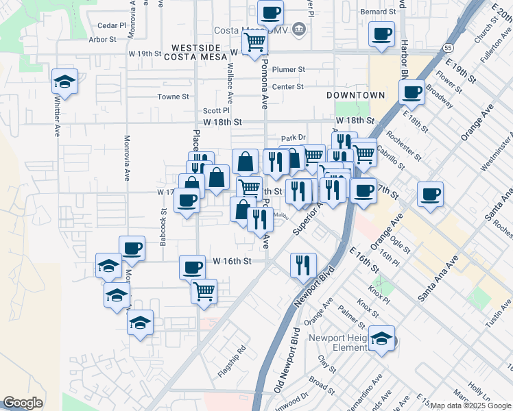 map of restaurants, bars, coffee shops, grocery stores, and more near 711 West 17th Street in Costa Mesa