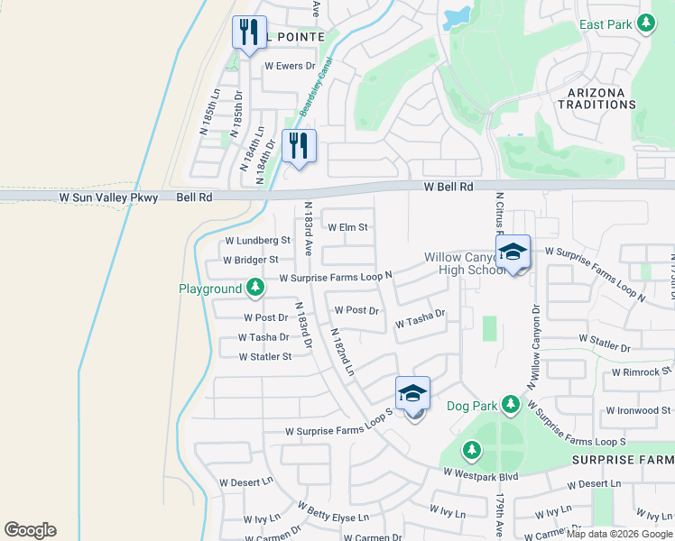 map of restaurants, bars, coffee shops, grocery stores, and more near 18248 West Bridger Street in Surprise