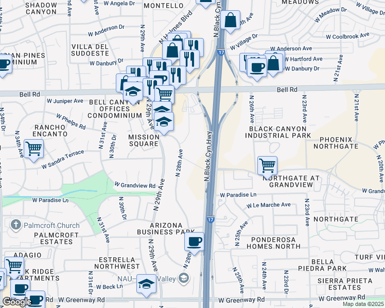map of restaurants, bars, coffee shops, grocery stores, and more near 16404 North Black Canyon Highway in Phoenix
