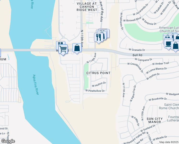 map of restaurants, bars, coffee shops, grocery stores, and more near 16714 North 114th Drive in Surprise