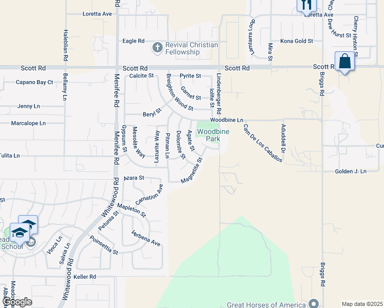 map of restaurants, bars, coffee shops, grocery stores, and more near 33419 Agate Street in Menifee