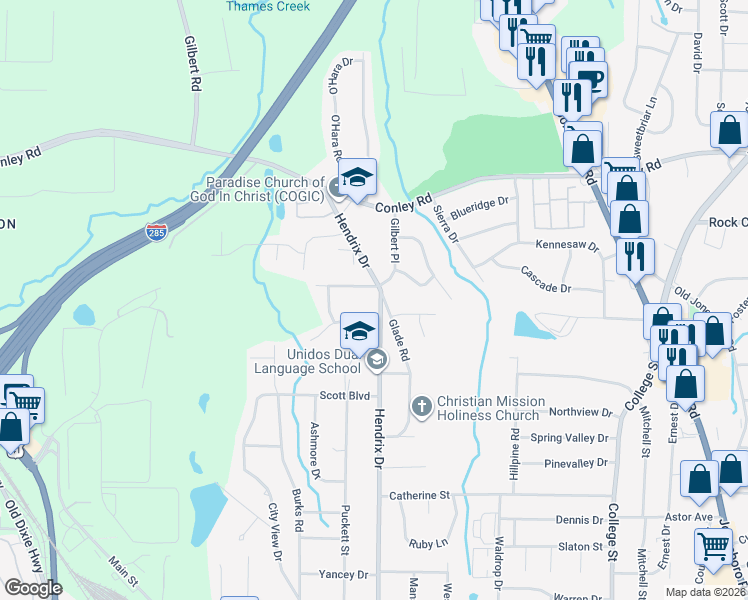 map of restaurants, bars, coffee shops, grocery stores, and more near 4361 Hendrix Drive in Forest Park