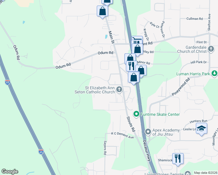 map of restaurants, bars, coffee shops, grocery stores, and more near 233 Powell Drive in Gardendale