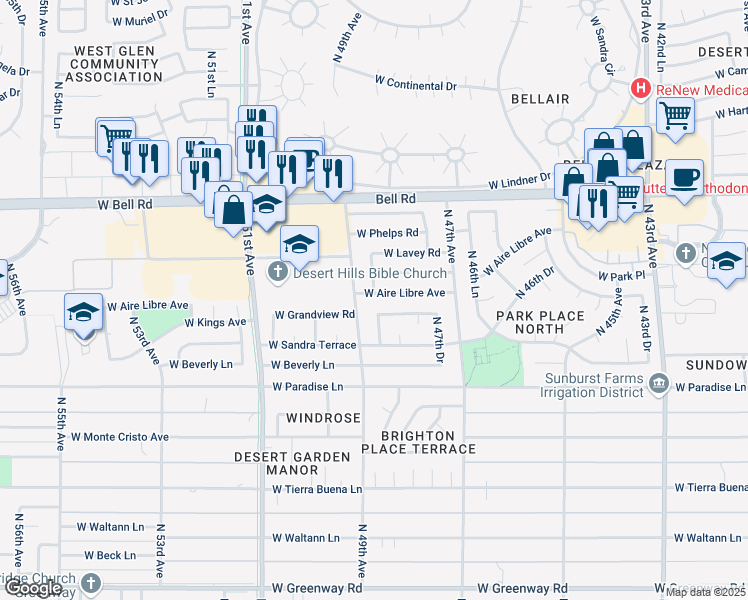 map of restaurants, bars, coffee shops, grocery stores, and more near 16601 North 49th Avenue in Glendale