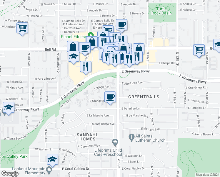 map of restaurants, bars, coffee shops, grocery stores, and more near East Kings Avenue in Phoenix