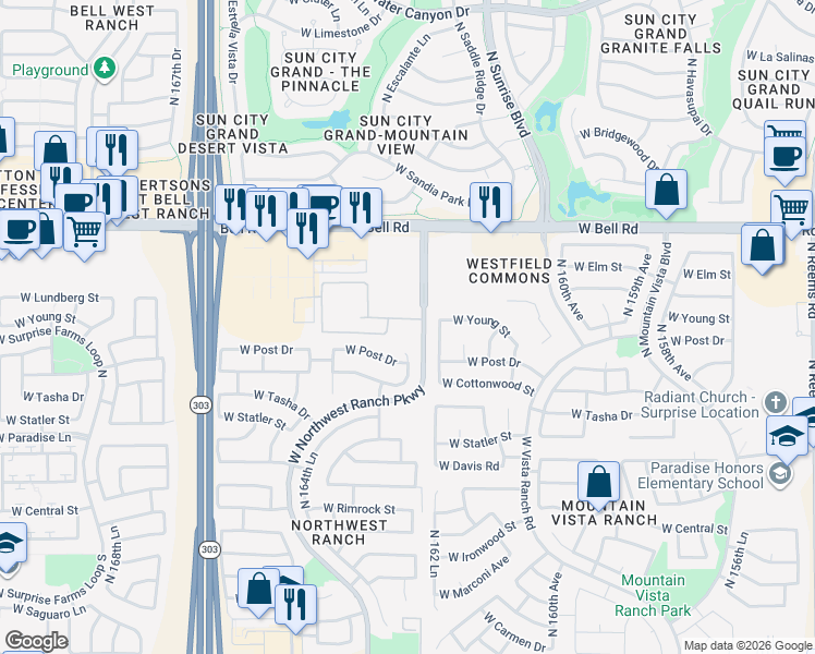 map of restaurants, bars, coffee shops, grocery stores, and more near 16640 North Sarival Avenue in Surprise