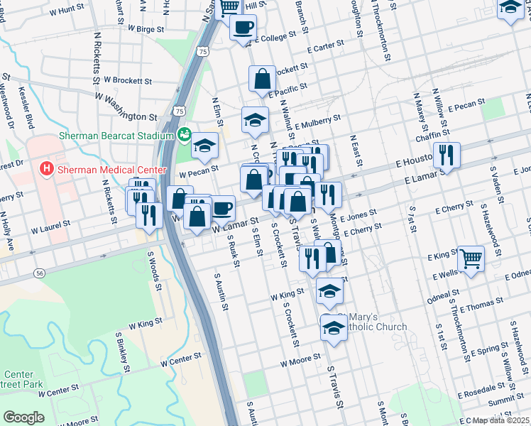 map of restaurants, bars, coffee shops, grocery stores, and more near 102 South Crockett Street in Sherman