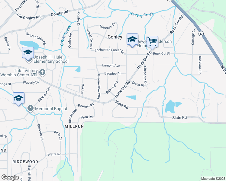 map of restaurants, bars, coffee shops, grocery stores, and more near 4338 Rob Roy Lane in Conley