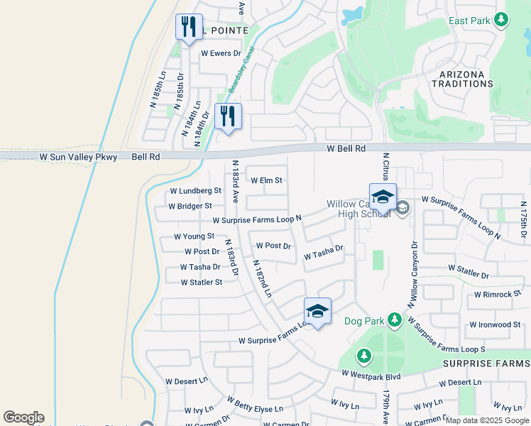 map of restaurants, bars, coffee shops, grocery stores, and more near 18201 West Bridger Street in Surprise