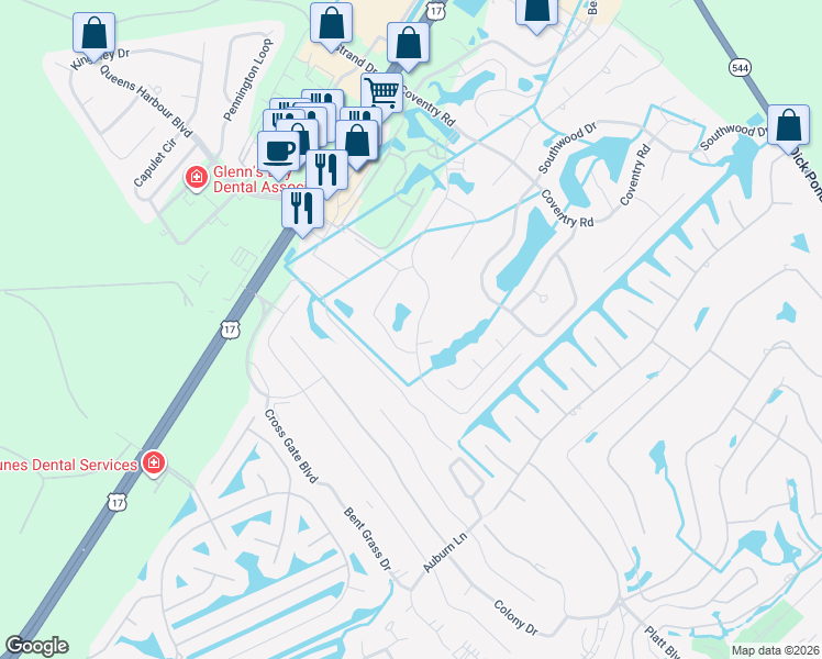 map of restaurants, bars, coffee shops, grocery stores, and more near 381 Deerfield Links Drive in Myrtle Beach