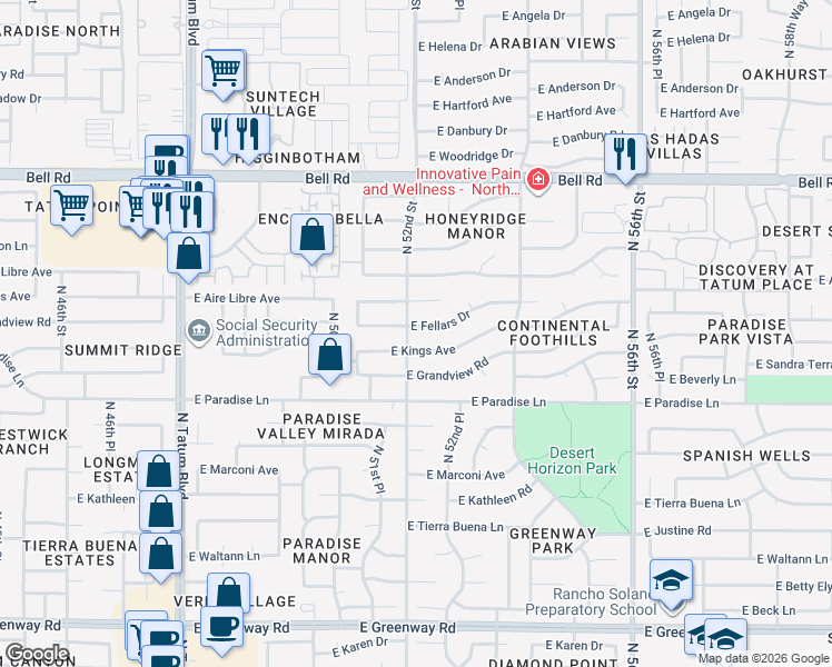 map of restaurants, bars, coffee shops, grocery stores, and more near 5202 East Fellars Drive in Scottsdale