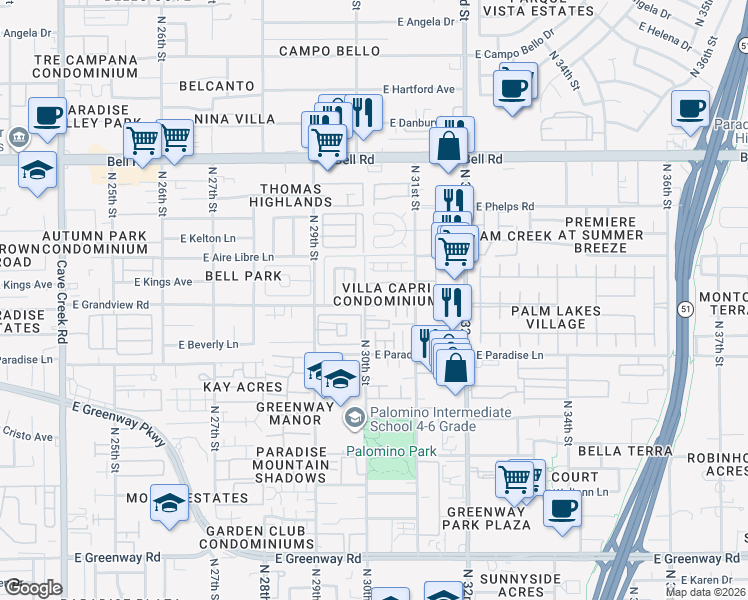 map of restaurants, bars, coffee shops, grocery stores, and more near 3023 East Kings Avenue in Phoenix