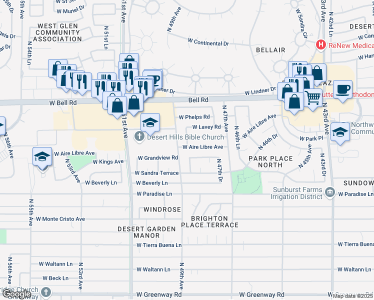 map of restaurants, bars, coffee shops, grocery stores, and more near 16601 North 49th Avenue in Glendale
