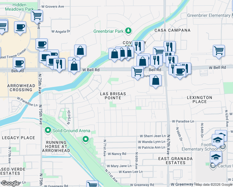 map of restaurants, bars, coffee shops, grocery stores, and more near 7004 West Phelps Road in Peoria