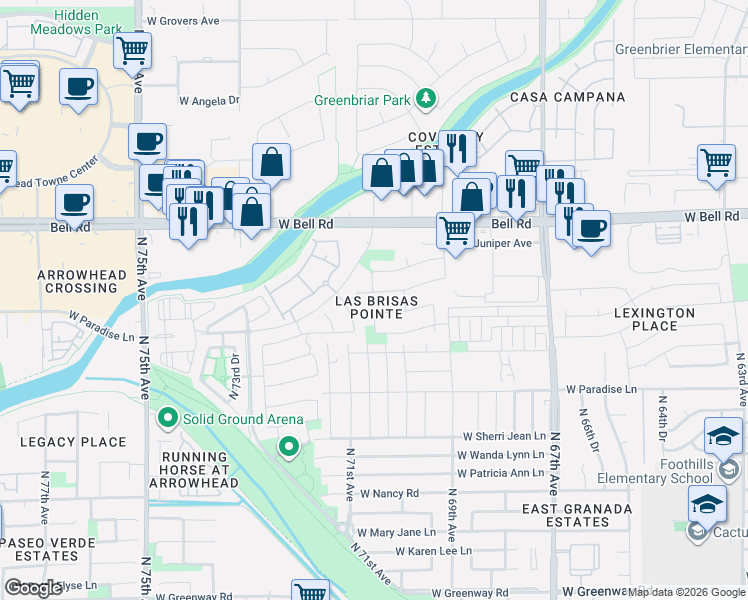 map of restaurants, bars, coffee shops, grocery stores, and more near 16708 North 70th Drive in Peoria