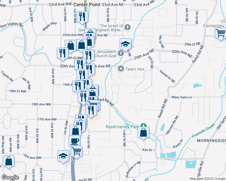 map of restaurants, bars, coffee shops, grocery stores, and more near 1825 Martinique Drive in Center Point