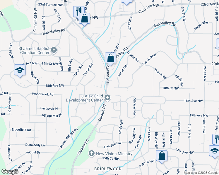 map of restaurants, bars, coffee shops, grocery stores, and more near 1816 Carson Road in Birmingham