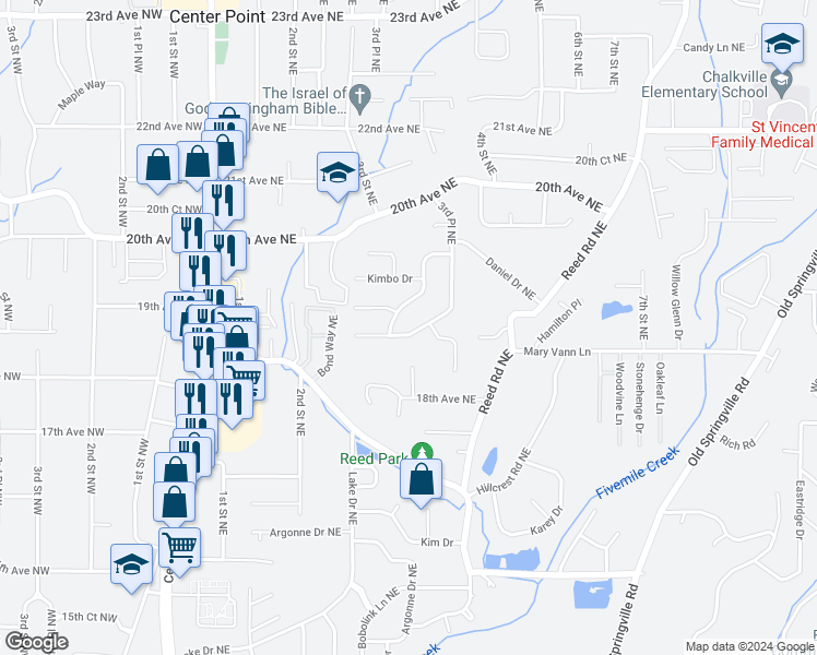 map of restaurants, bars, coffee shops, grocery stores, and more near 1848 3rd Place Northeast in Center Point