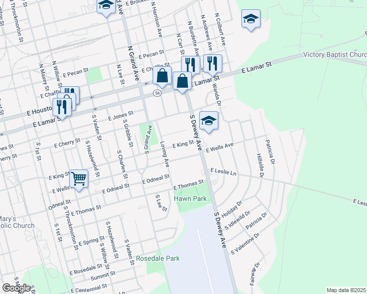 map of restaurants, bars, coffee shops, grocery stores, and more near 1525 East King Street in Sherman