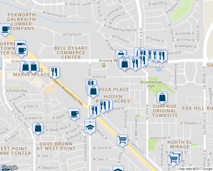 map of restaurants, bars, coffee shops, grocery stores, and more near 12939 West Elm Street in Surprise