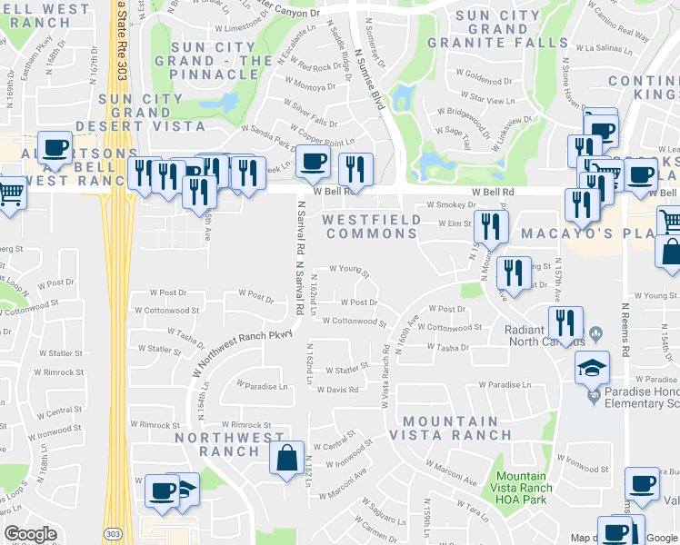 map of restaurants, bars, coffee shops, grocery stores, and more near 16219 West Young Street in Surprise