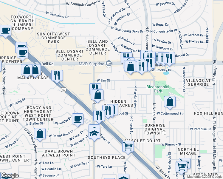 map of restaurants, bars, coffee shops, grocery stores, and more near 12939 West Elm Street in Surprise