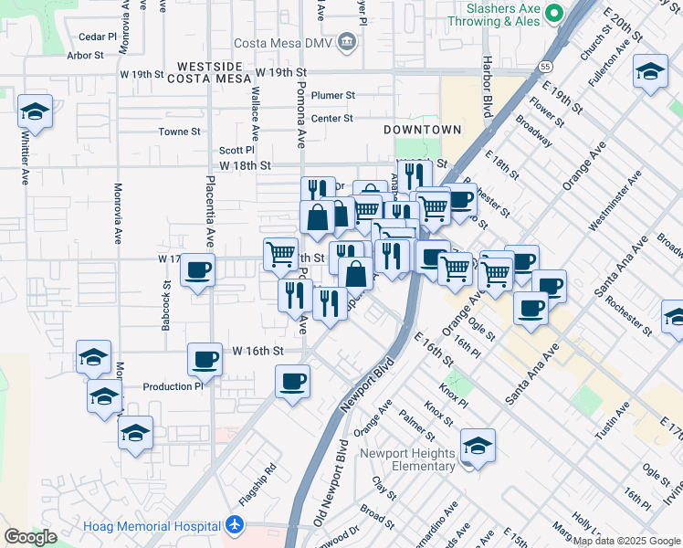 map of restaurants, bars, coffee shops, grocery stores, and more near 649 West 17th Street in Costa Mesa