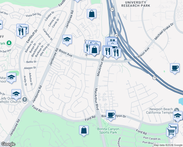 map of restaurants, bars, coffee shops, grocery stores, and more near 8 Cheshire Court in Newport Beach