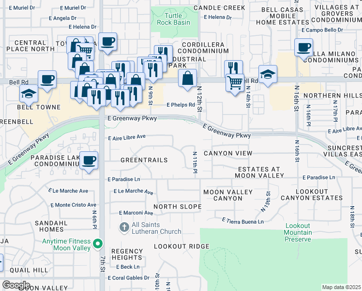 map of restaurants, bars, coffee shops, grocery stores, and more near 1014 East Aire Libre Avenue in Phoenix