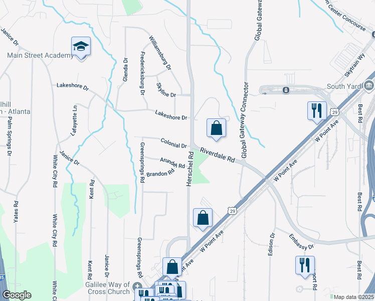 map of restaurants, bars, coffee shops, grocery stores, and more near 2554 Colonial Drive in College Park