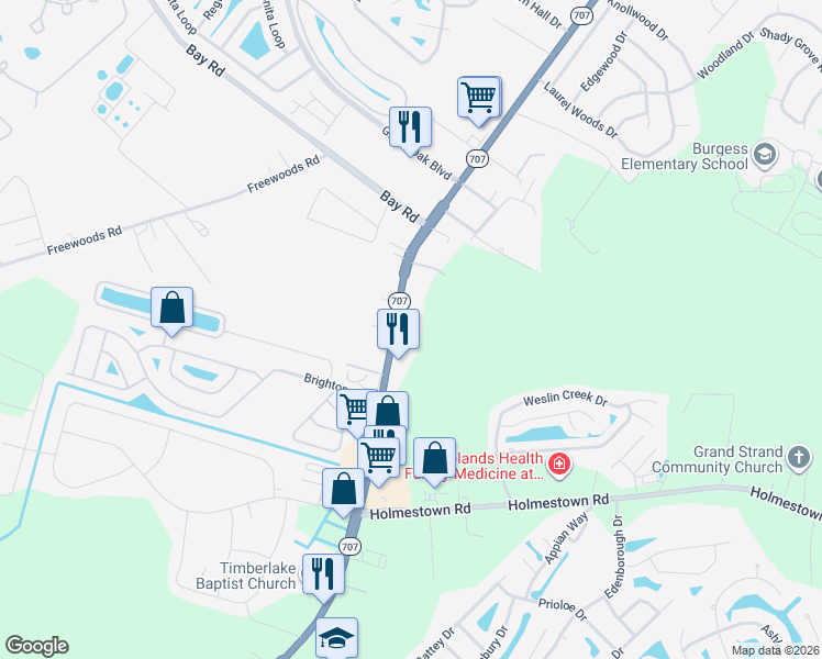 map of restaurants, bars, coffee shops, grocery stores, and more near 9203 South Carolina 707 in Myrtle Beach