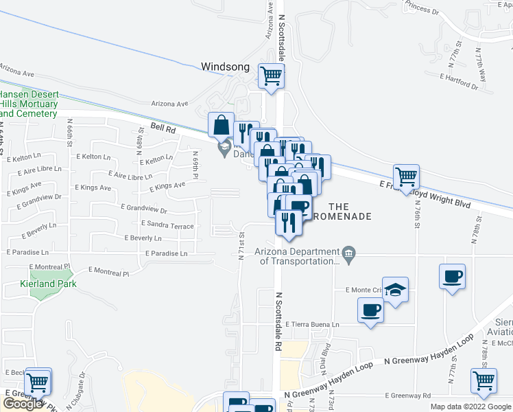 map of restaurants, bars, coffee shops, grocery stores, and more near 16430 North Scottsdale Road in Scottsdale