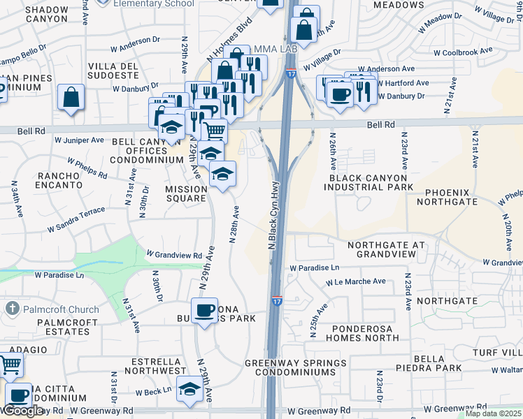 map of restaurants, bars, coffee shops, grocery stores, and more near 16404 North Black Canyon Highway in Phoenix