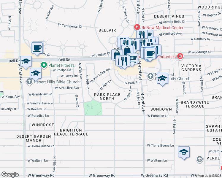 map of restaurants, bars, coffee shops, grocery stores, and more near 4621 West Landis Lane in Glendale