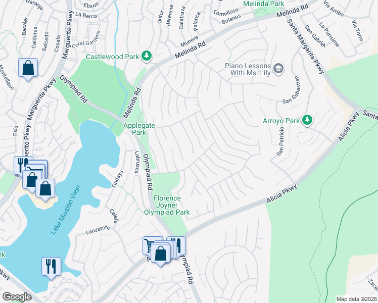 map of restaurants, bars, coffee shops, grocery stores, and more near 22471 Birchcrest in Mission Viejo